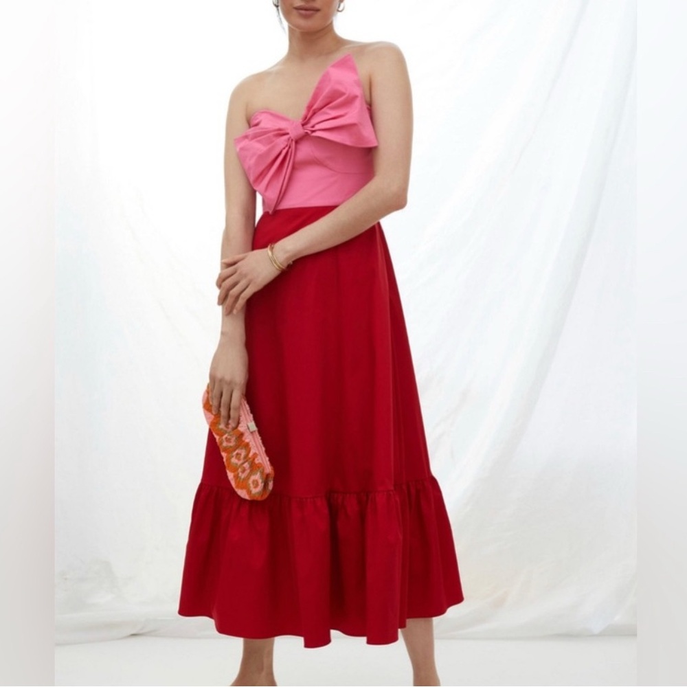 Anthropologie HUTCH Bow Front Strapless Midi Dress Red Pink Women's Size 8
